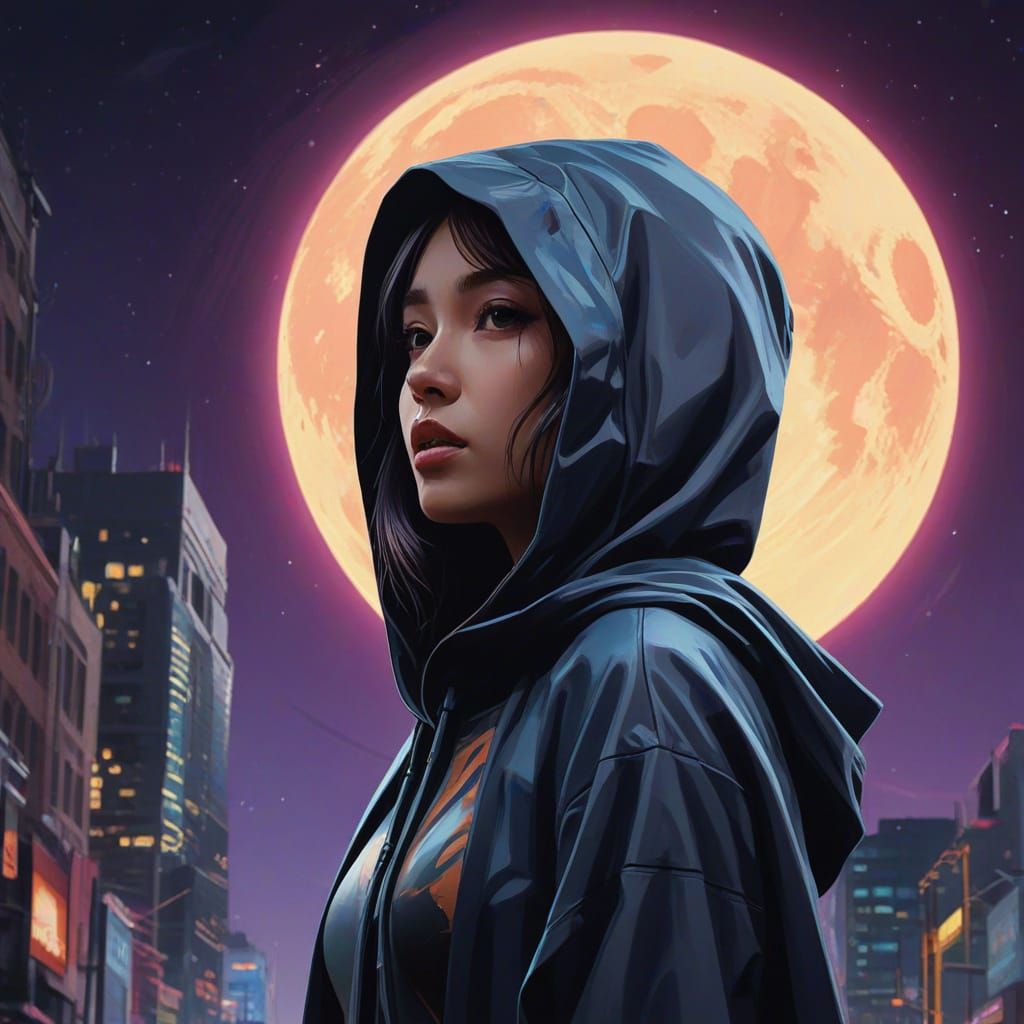 Young Asian Elf Woman Under Luminous Moonlit Sky in Vibrant ...