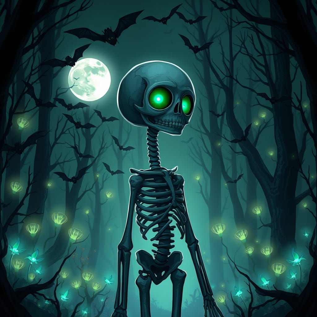 Skeleton Girl in Bioluminescent Forest at Night