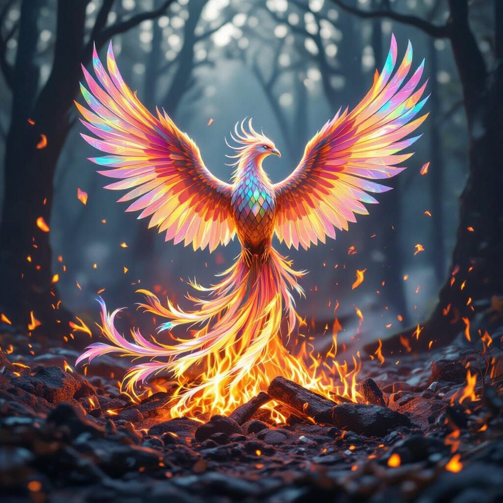 Iridescent Phoenix Rising from Ashes in Hyperrealism
