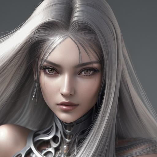 Beautiful woman made of metal close up with long metal hair