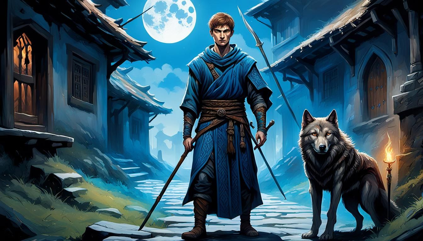 Bedwyr Defends Cornish Village: Dark Fantasy Oil Painting