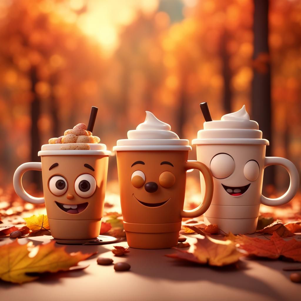 Autumn Drinks in Cute Cups: Pixar-Style 3D Art