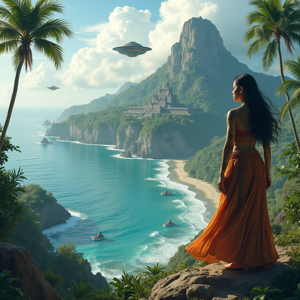 Maori Warrior and Princess Guard Ancient Temple