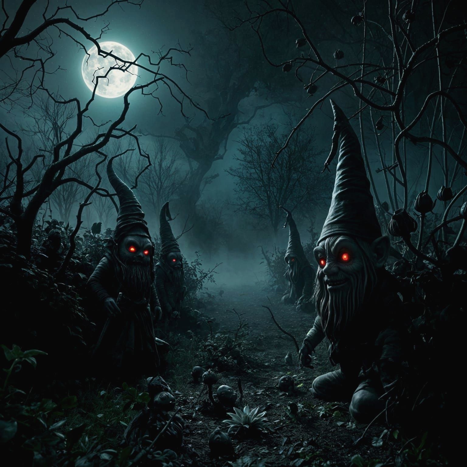 Eerie Overgrown Garden with Sinister Gnomes