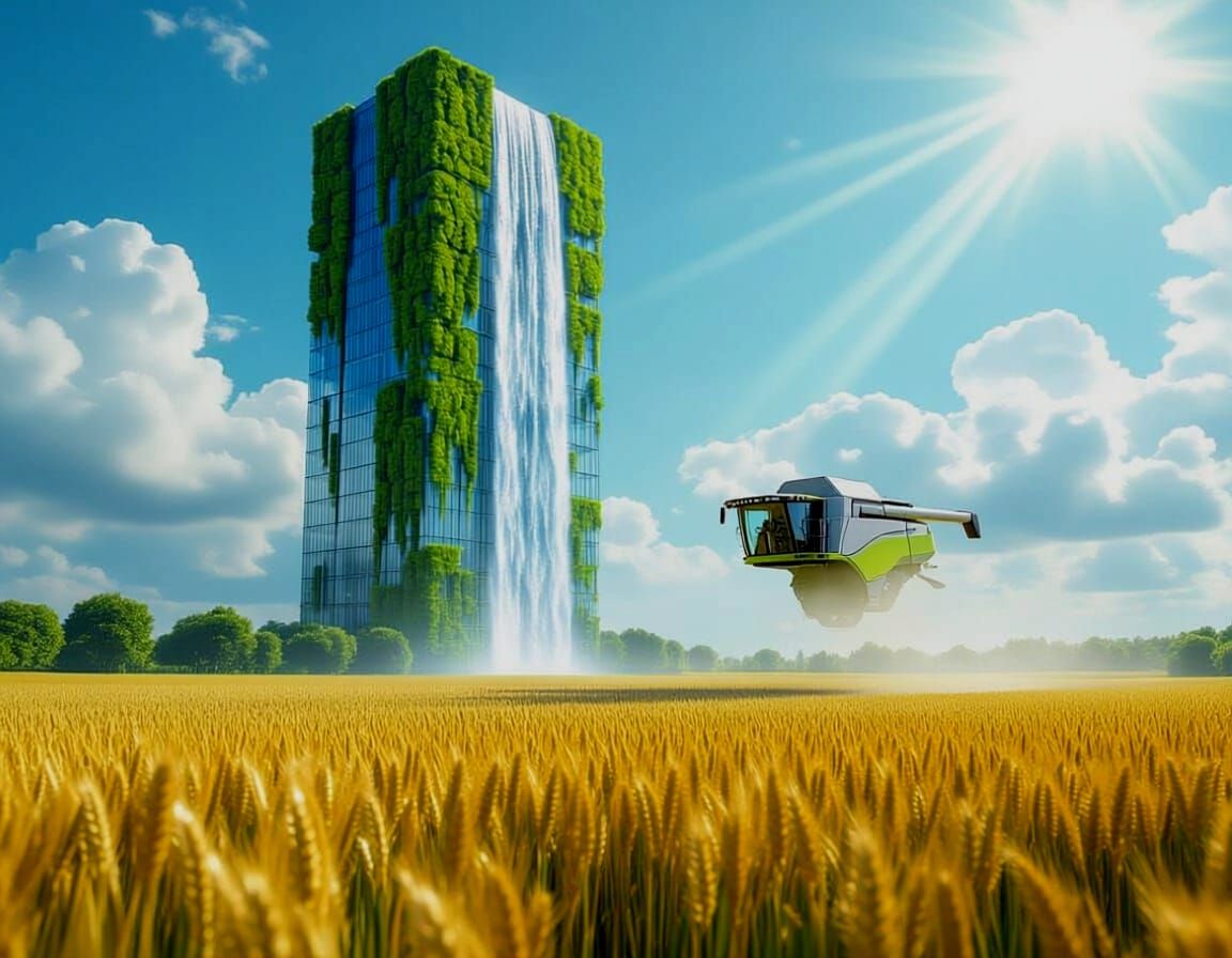 Futuristic Harvesting Machine Above Wheat Field with Glass S...