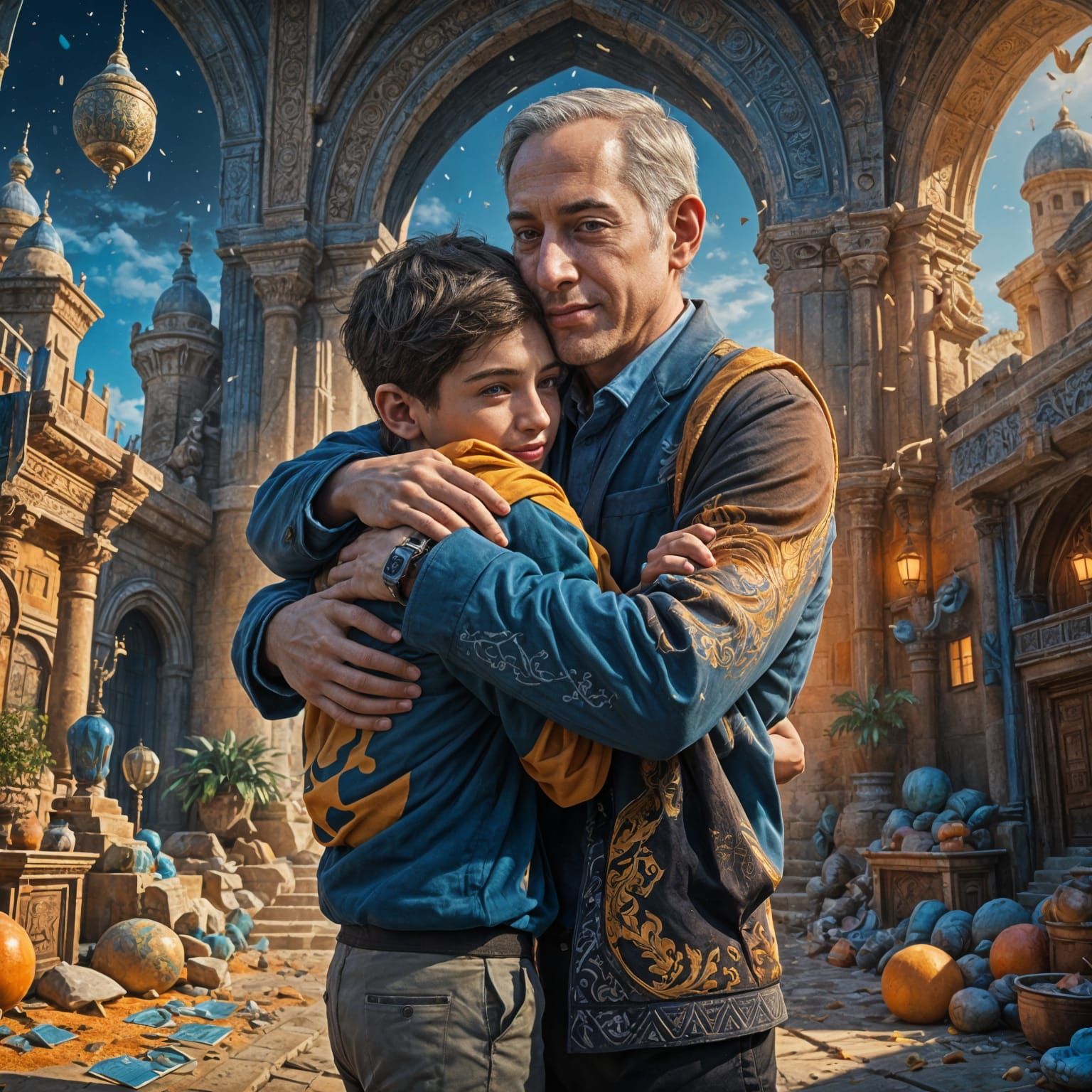 Politician Hugs Boy: Detailed Fantasy Art
