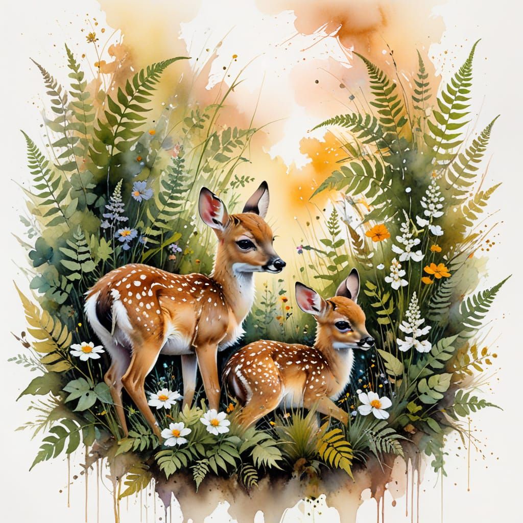 Fawns Napping in Sunlit Forest Clearing