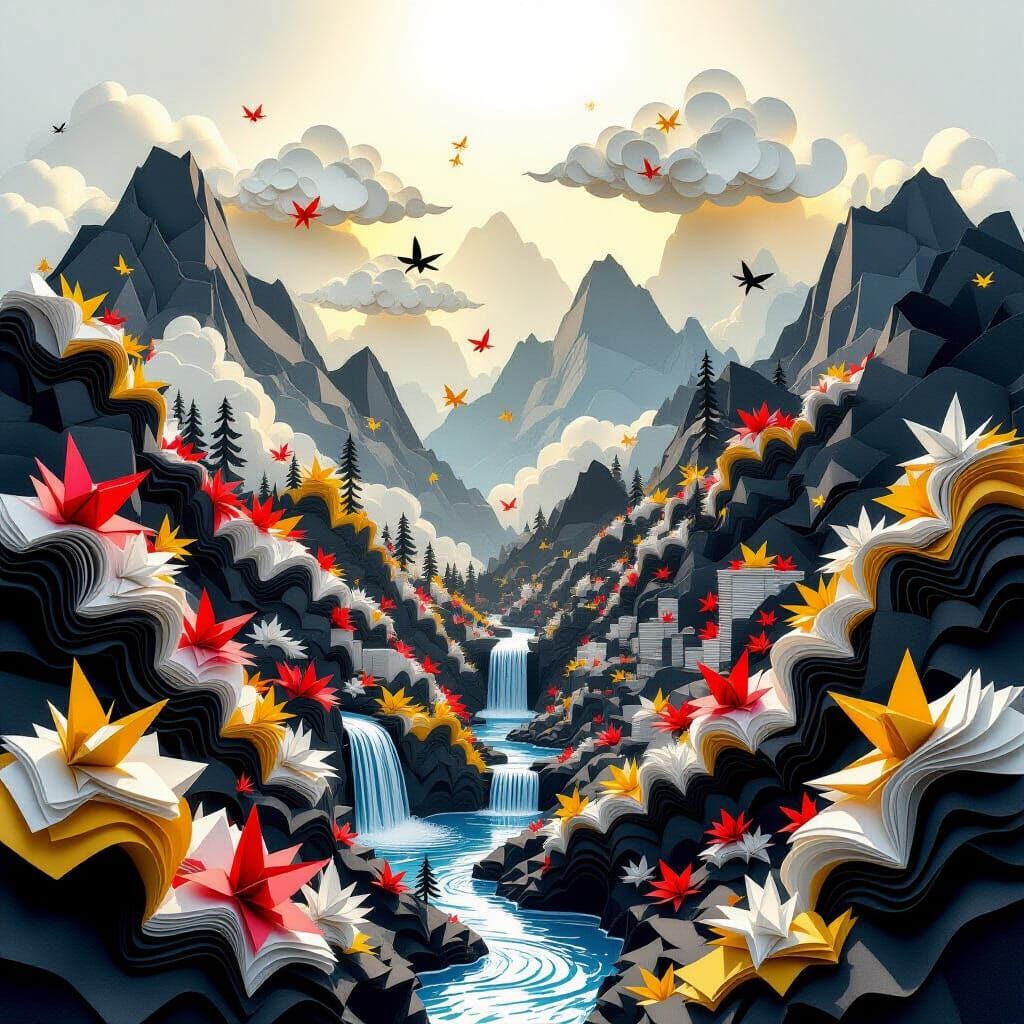 Hyper-Detailed Papercraft Dreamworld with Origami Creatures