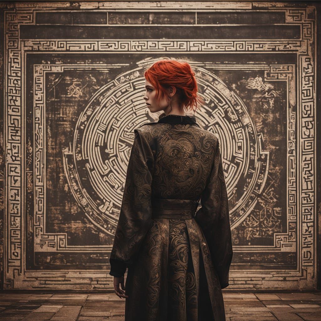 Woman with Glyphs in Surreal Graphic Style