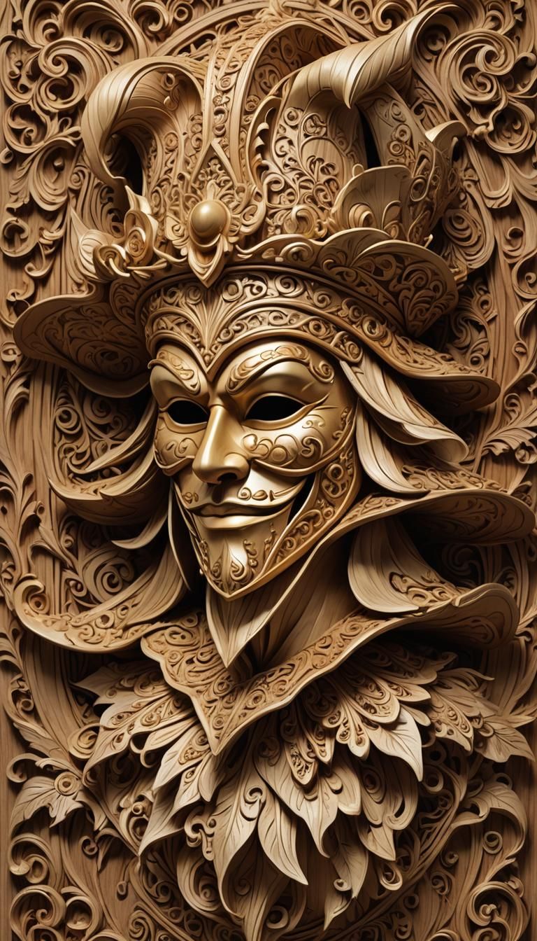 Wooden Jester Mask in Anime-Inspired Digital Art