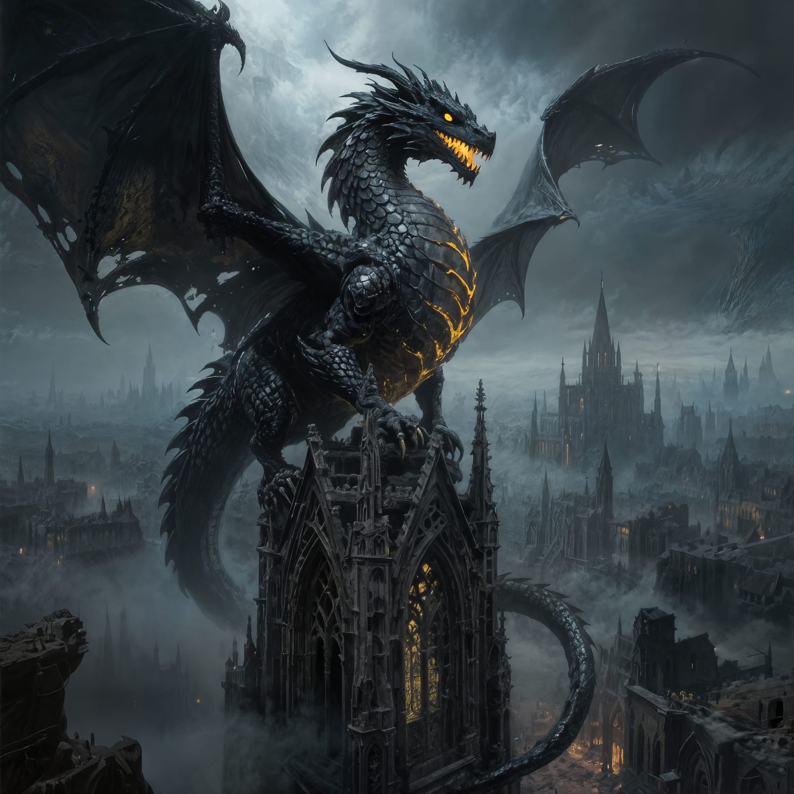 Ancient Obsidian Dragon Over Ruined Gothic City
