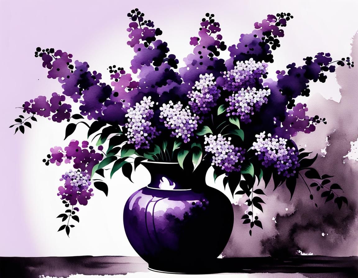 Lilac Flowers in Vase: Chinese Ink Painting