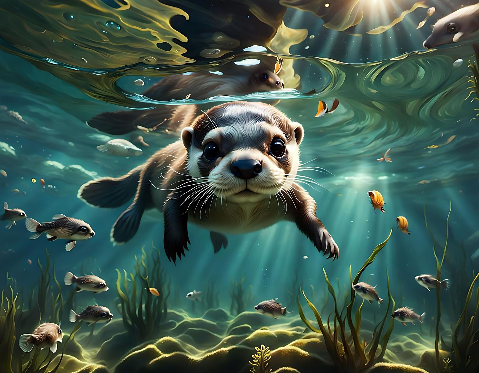 Adorable Otter Cub Underwater: Cell-Shaded Digital Art