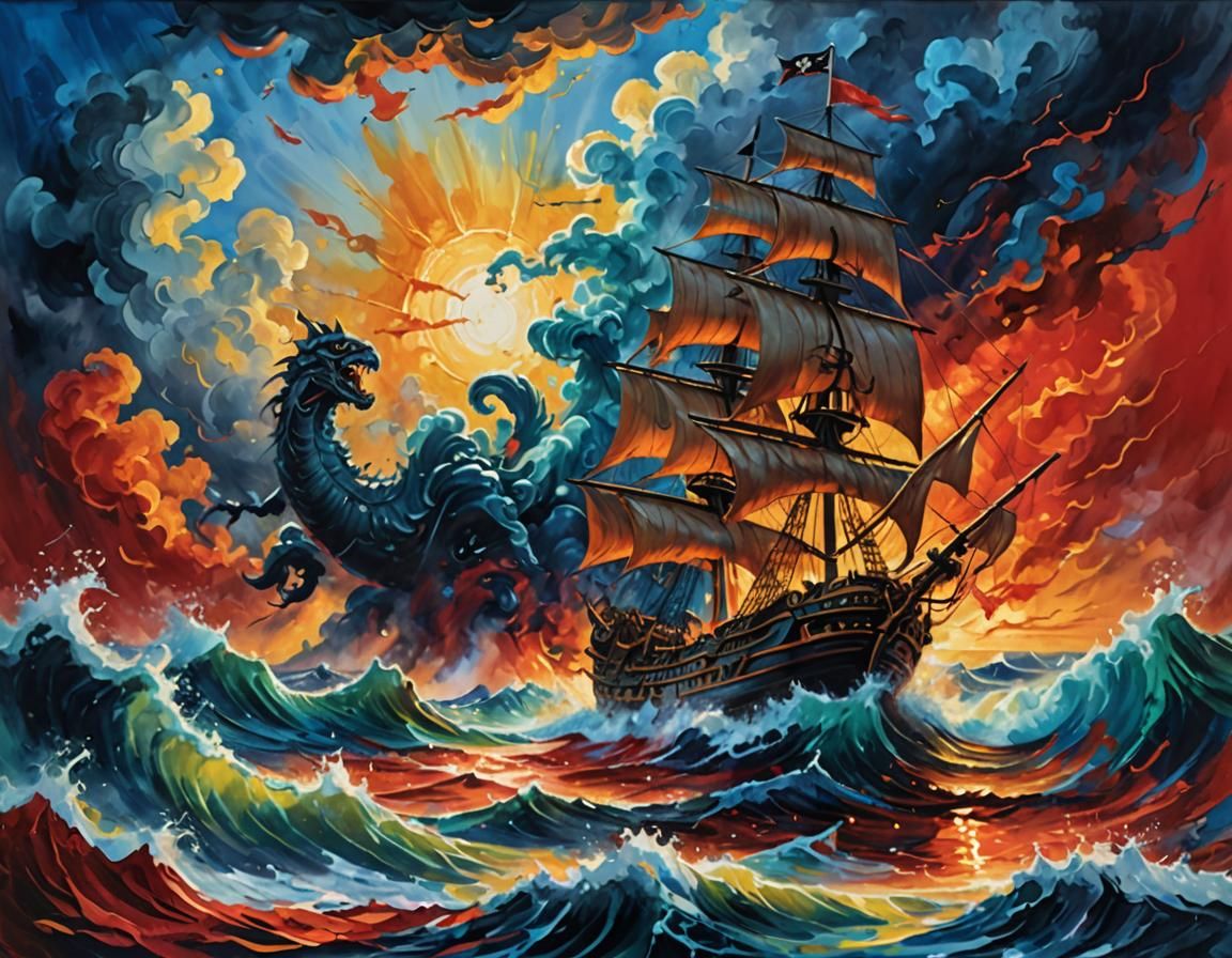Pirate Ship Battles Sea Monster: Impressionist Gouache