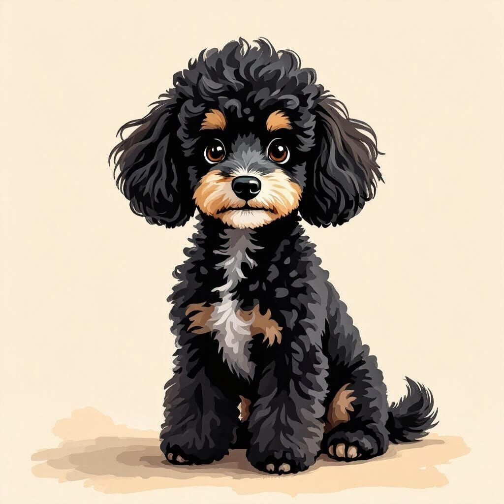 Cute Black Poodle with Brown and White Markings, Painterly S...