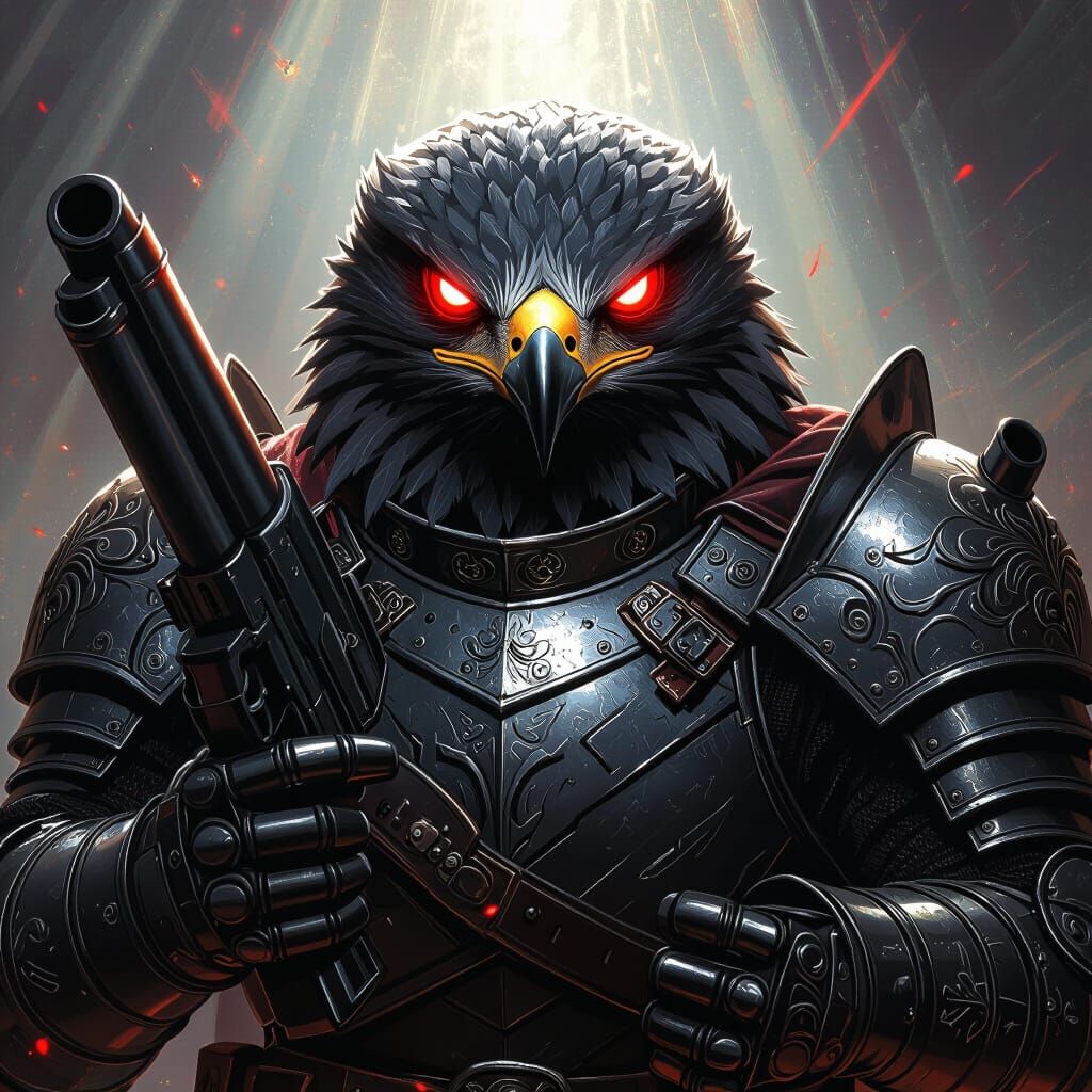 Armored Hawk with Machine Guns and Glowing Eye