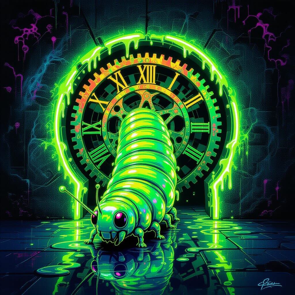 Neon Green Psychedelic Caterpillar Through Glowing Keyhole