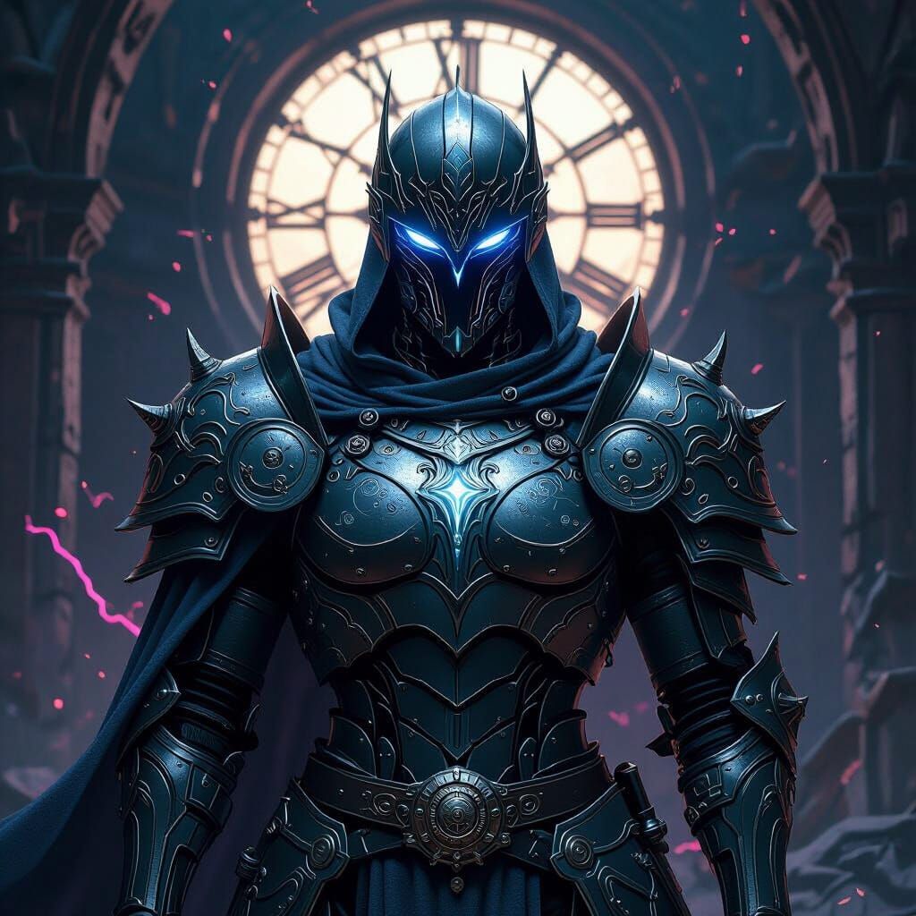 Cyborg Knight in Clock Tower, Gothic Digital Art