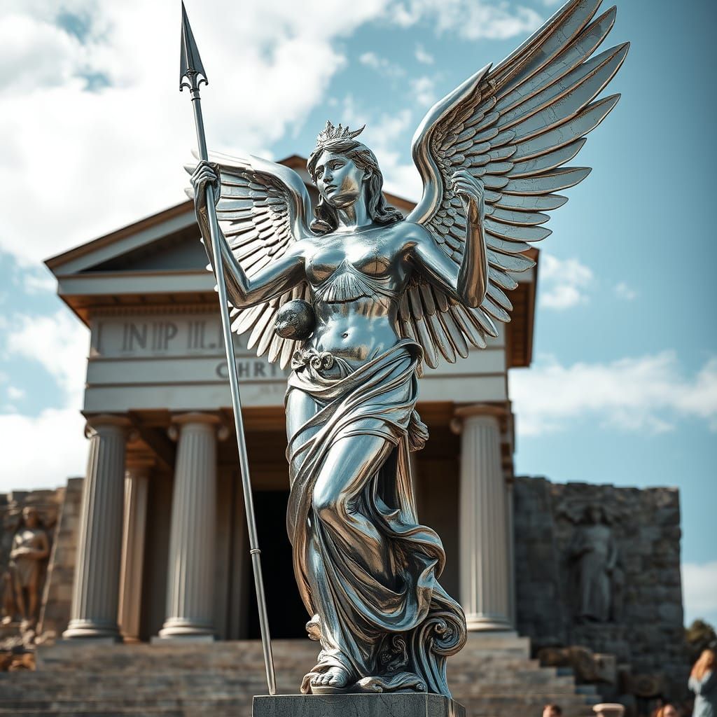 Majestic Winged Goddess of Victory in Ancient Greek Shrine