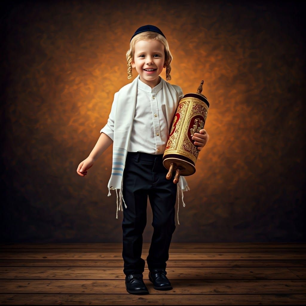 Joyful Boy Dancing with Torah Scroll: Hyperrealistic Art