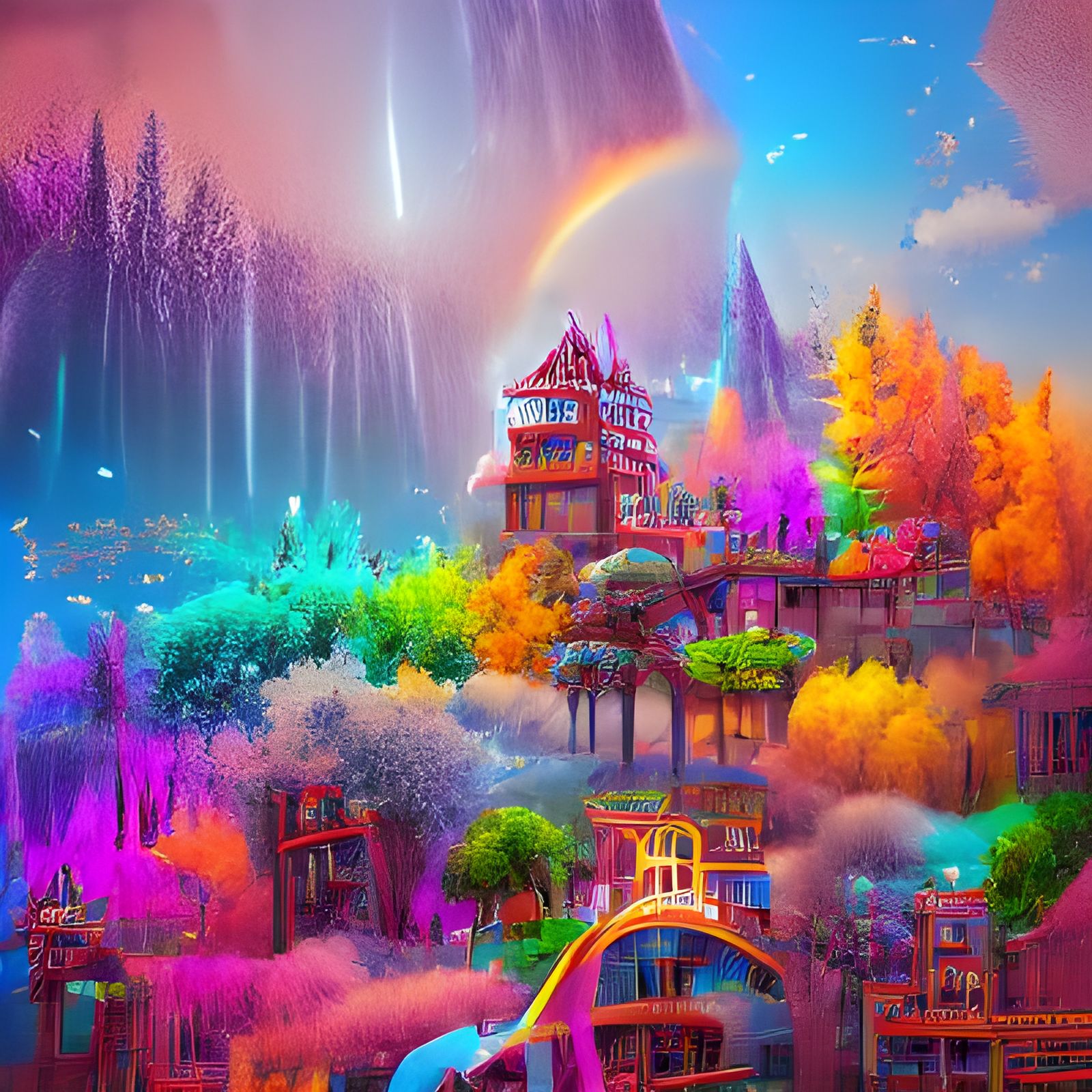 Magical Rainbow World with Glittering Treehouses