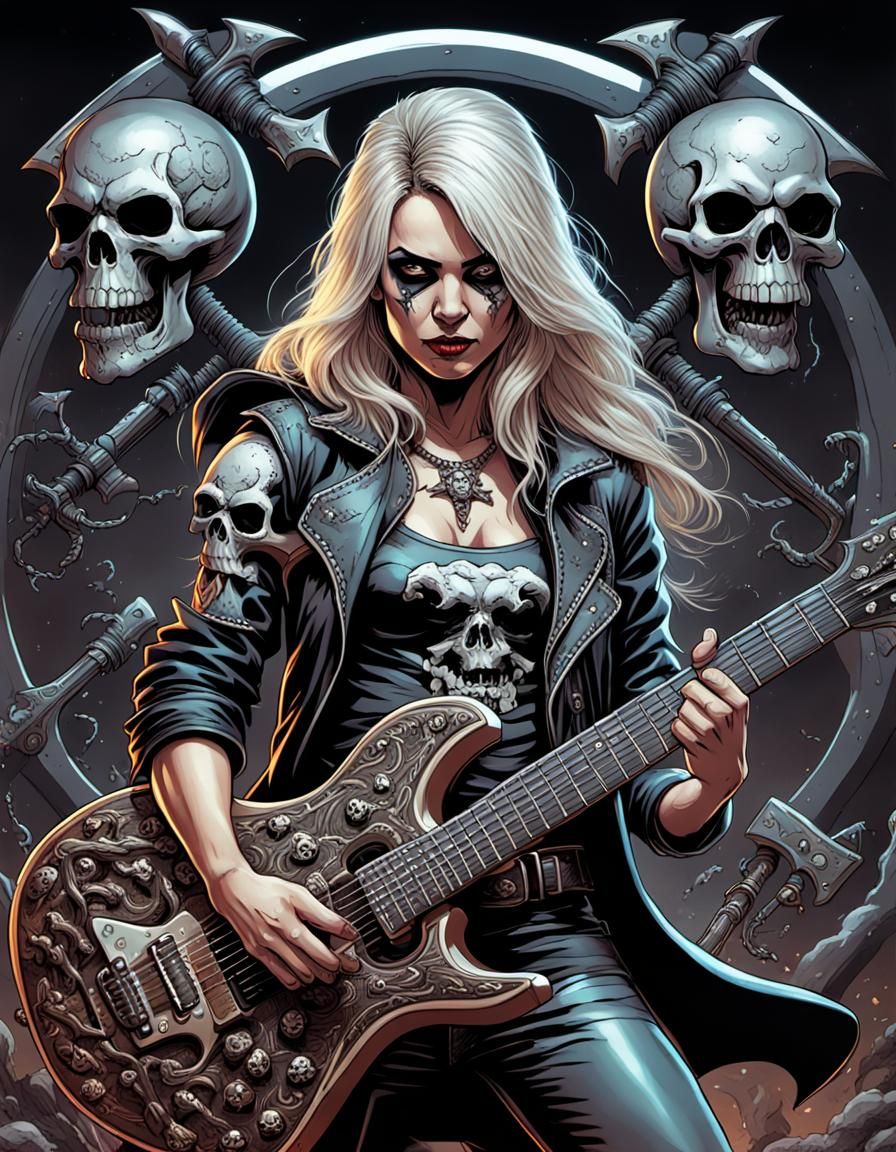 (hyper realistic)(perfect)(smooth) female heavy metal rock star holding an inticate guitar shaped like a battleaxe with ...