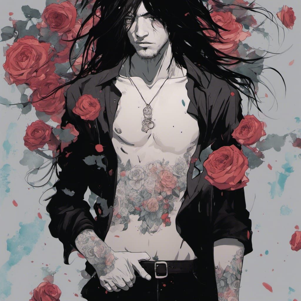 Tattooed Man Surrounded by Roses: Digital Anime Painting