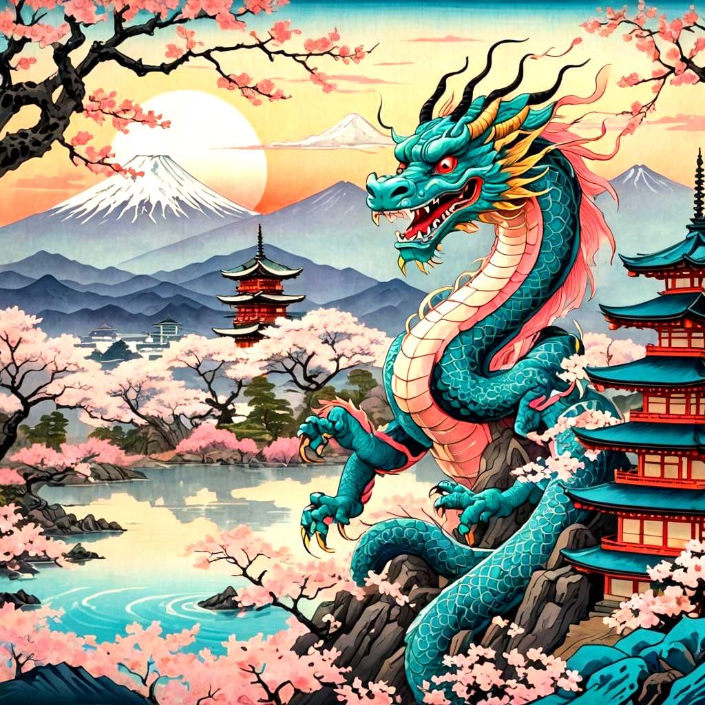 Japanese Dragon in Ukiyo-e Style Near Mt. Fuji