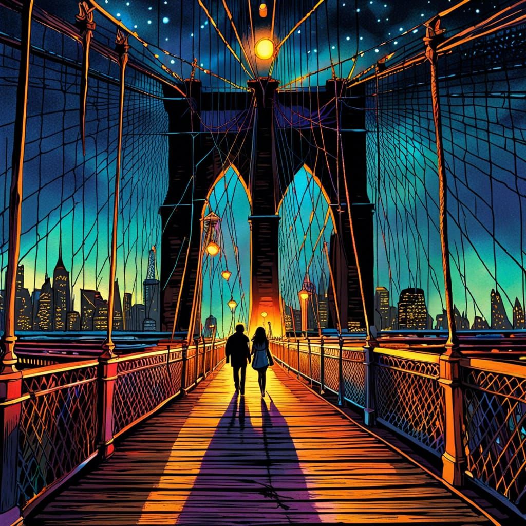 Young Lovers on Brooklyn Bridge in Maximalist Style