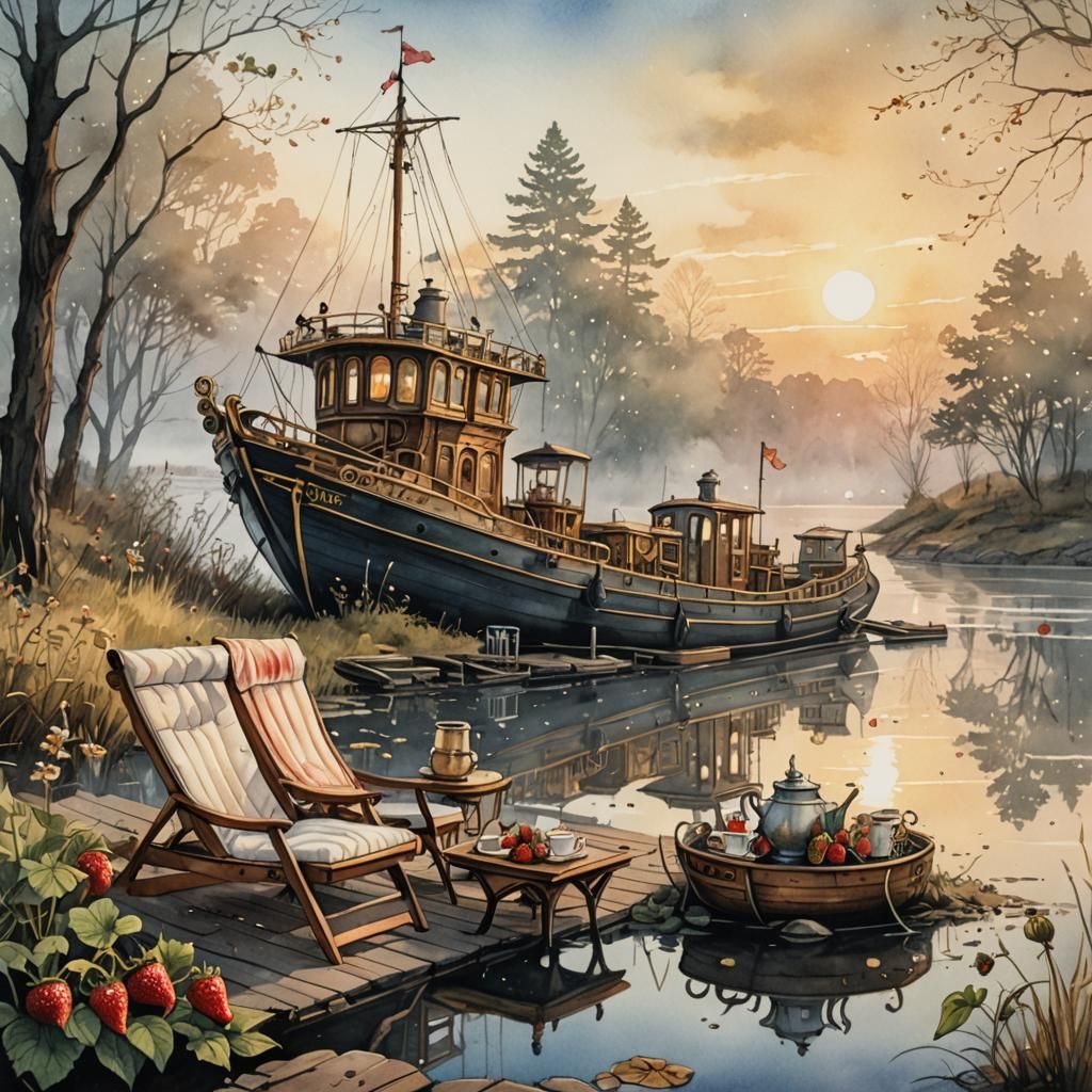 Steampunk Boat on River in Watercolor Illustration