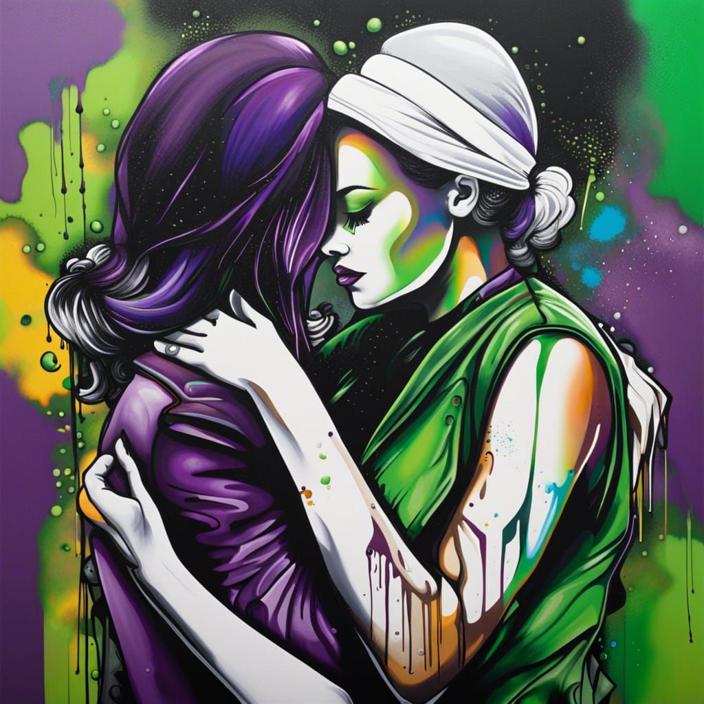 Women Embrace in Colorful Graffiti Art