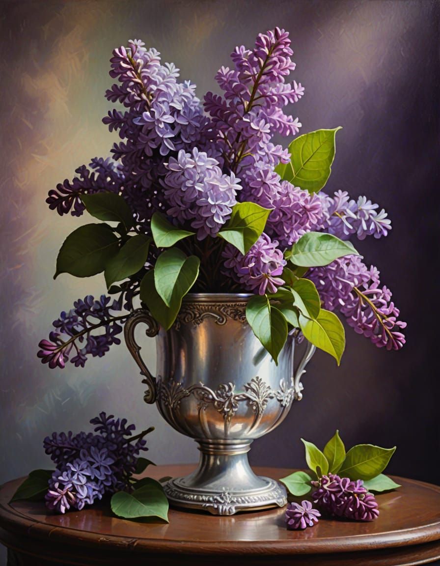 Rococo Still Life: Lilac Branch in Silver Cachepot