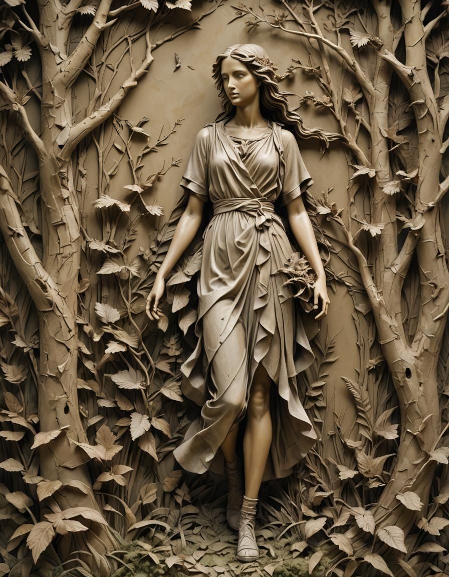 Neoclassical Bas-Relief Sculpture of Girl in Forest