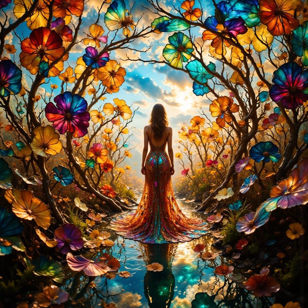 Woman in Specular Flower Maze as Surreal Art