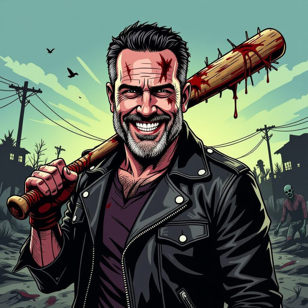 Negan Grinning with Barbed Bat in Comic Style