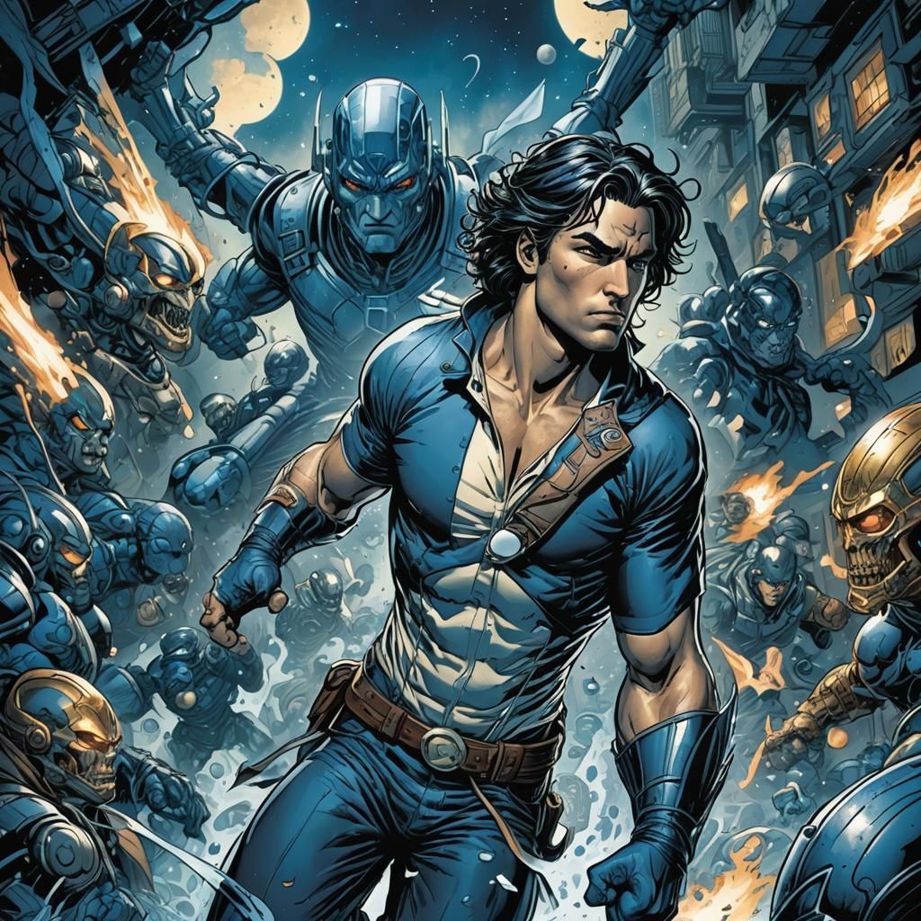 Dynamic Blue Comic Book Art Piece