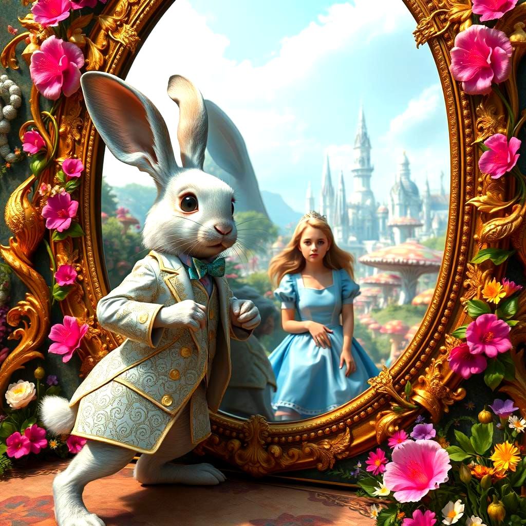 White Rabbit Enters Looking Glass in Art Deco Style