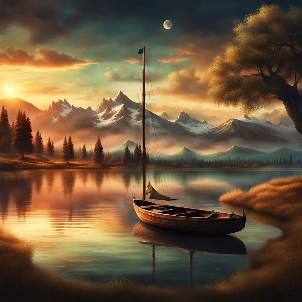 Ethereal Sunset Over Lake in Dark Fantasy Style