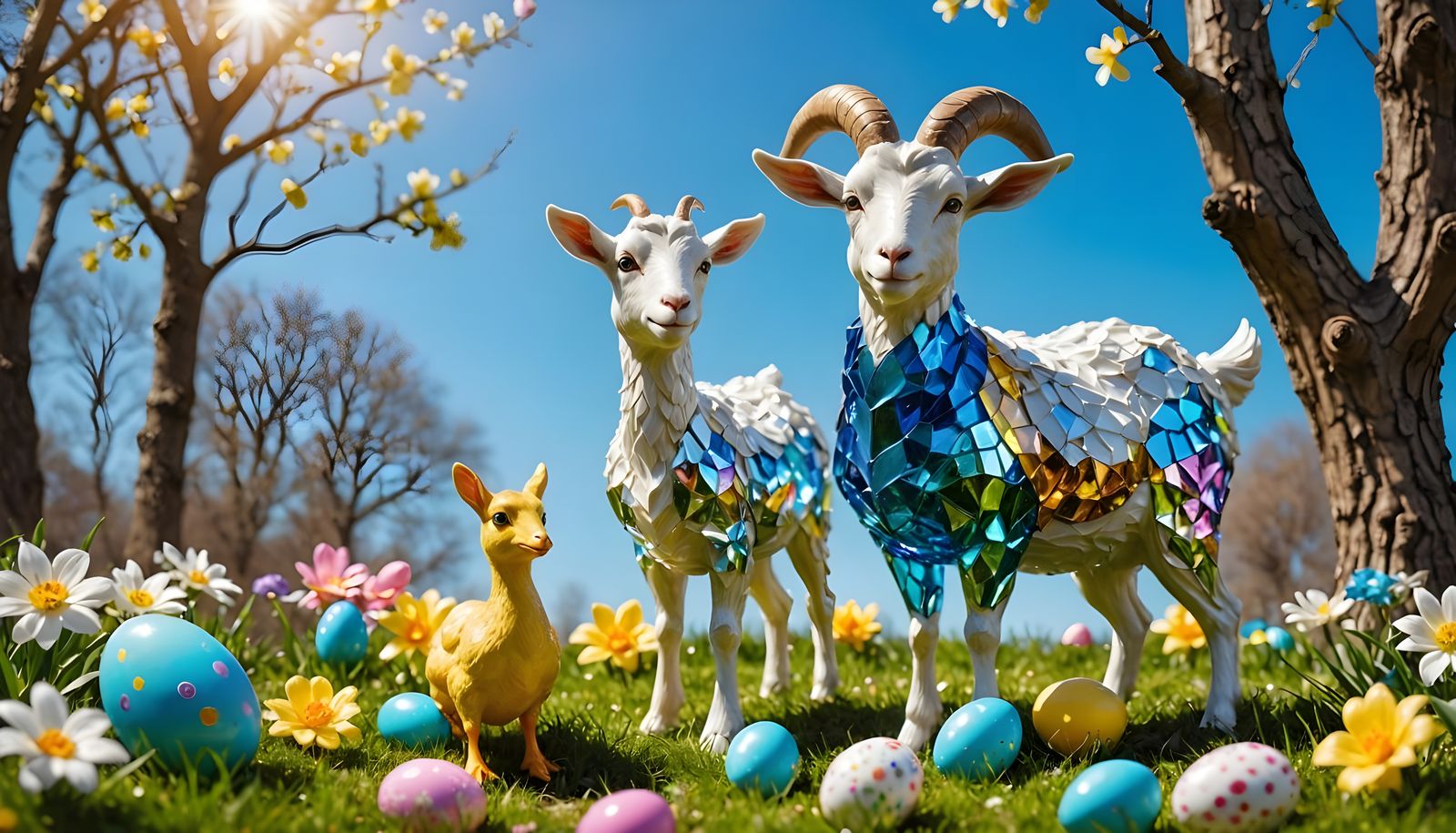 Joyful Easter Goat Amidst Vibrant Spring Florals in Glass Sc...