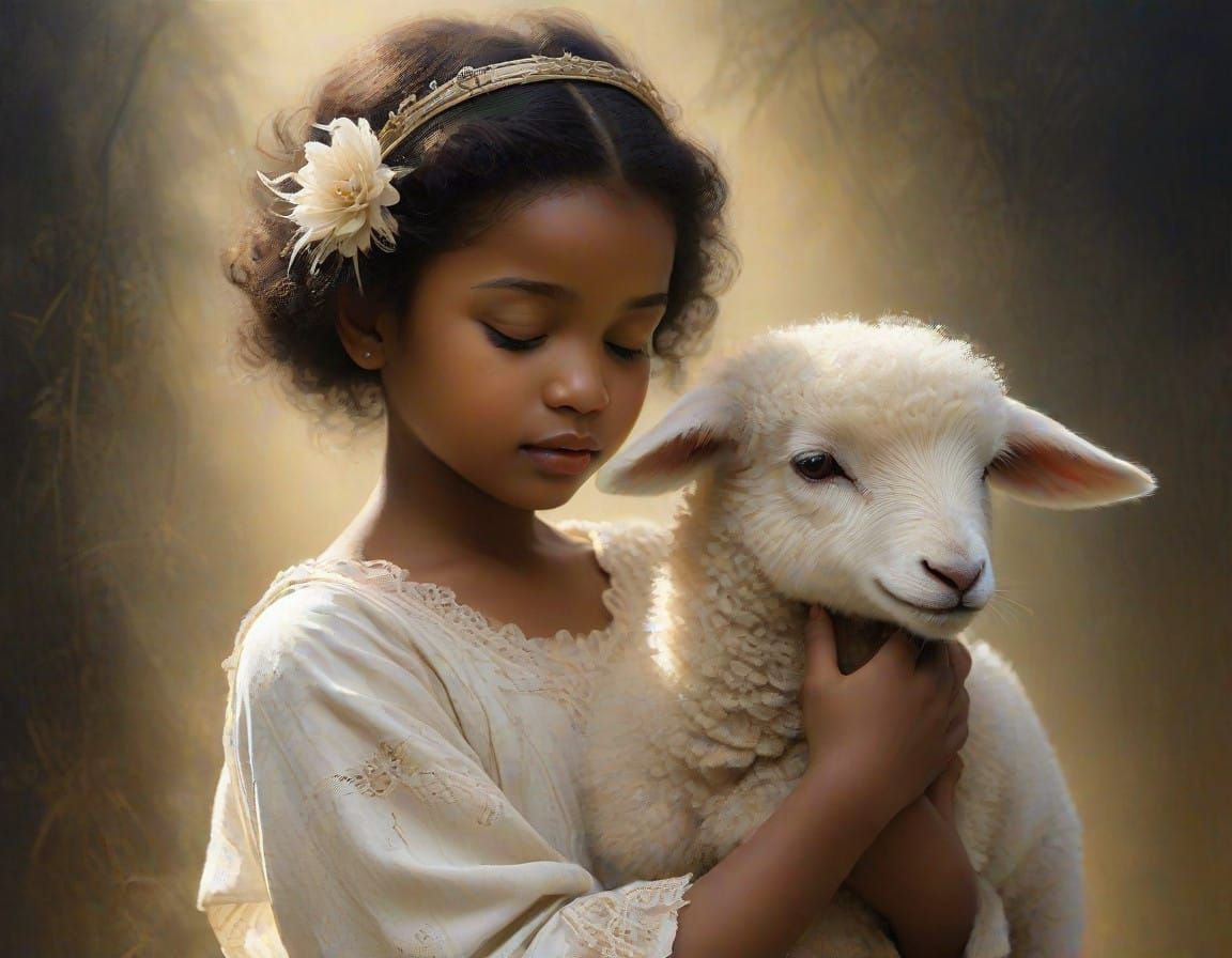 African Girl and Lamb in Morning Light