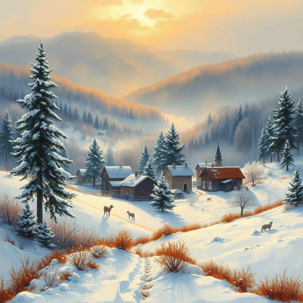 Polish Winter Village in Impressionist Style