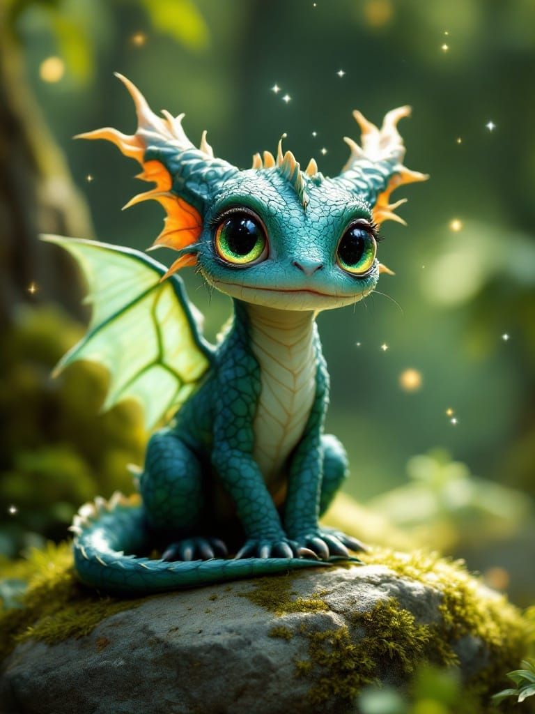 Gentle Fantasy Portrait of a Tiny Emerald-Scaled Dragon in a...