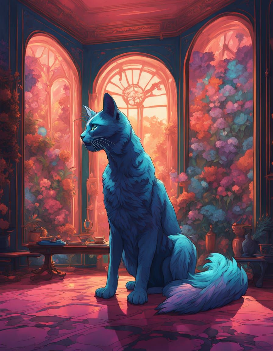 Magical Room Sunrise with Androgynous Figure and Blue Cat