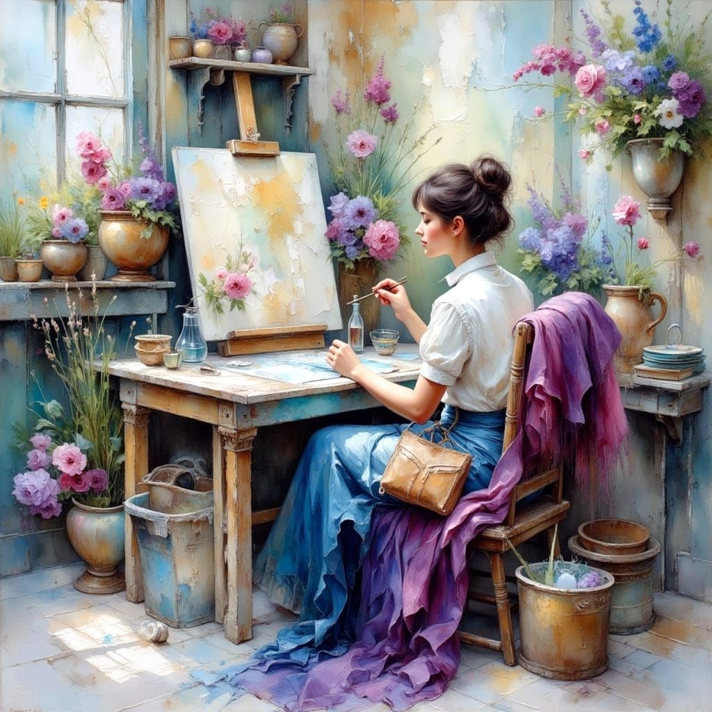 Textured Portrait of a Painter with Colorful Words