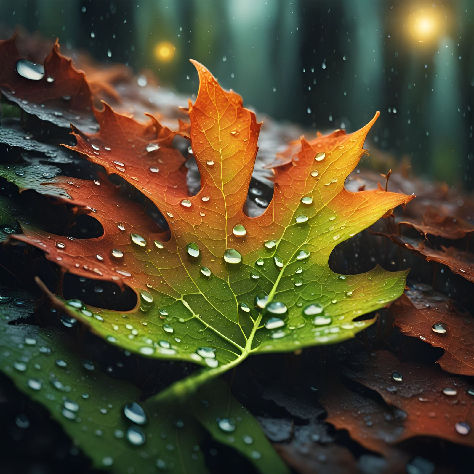 Leaf with Energy Droplets in Hyperrealistic Forest