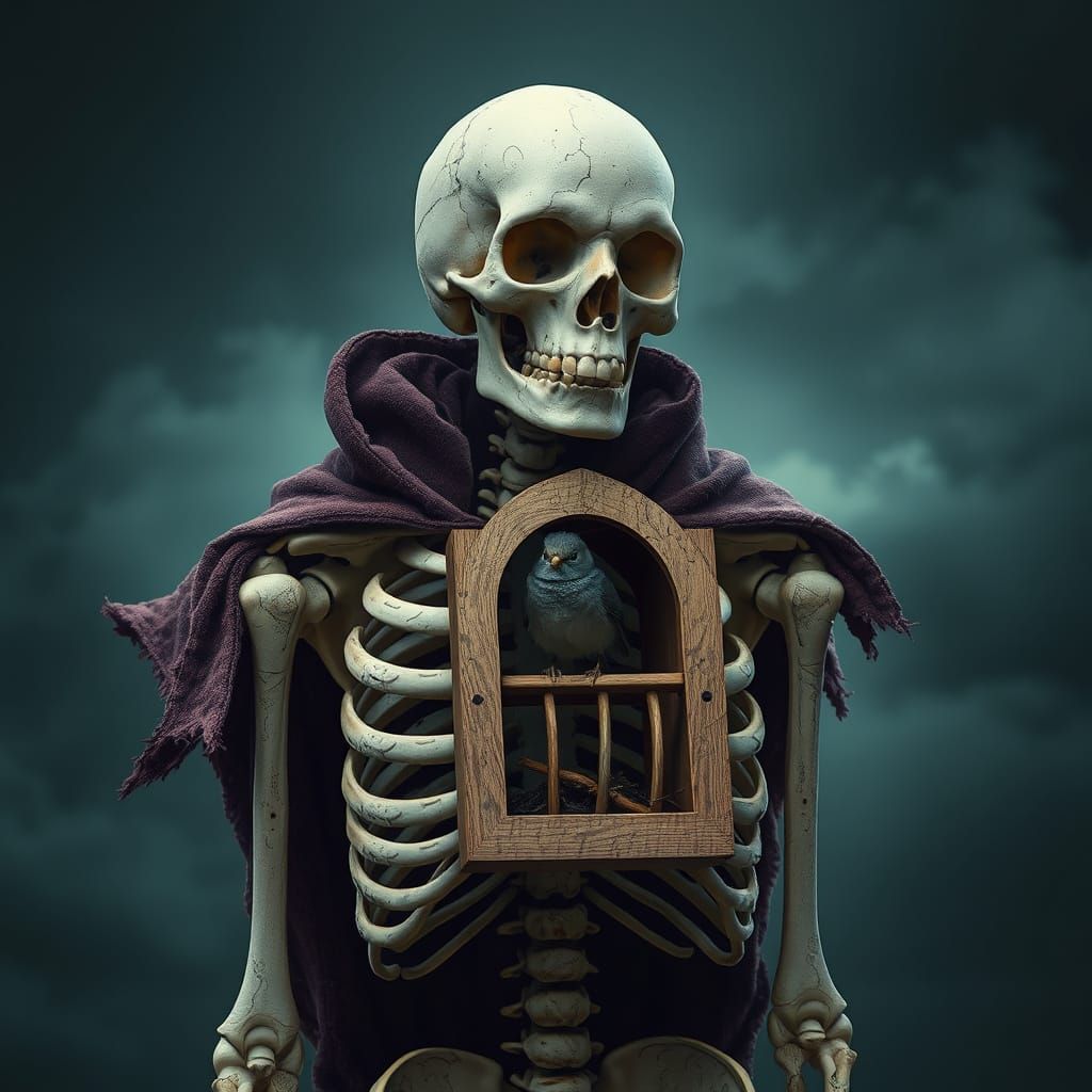 Birdhouse Skeleton in Velvet Cloak: Digital Matte Painting