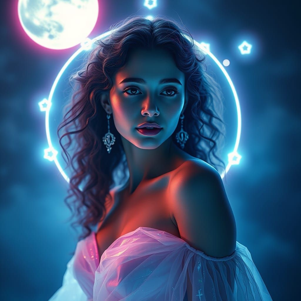 Ethereal Woman in Iridescent Gown with Glowing Aura