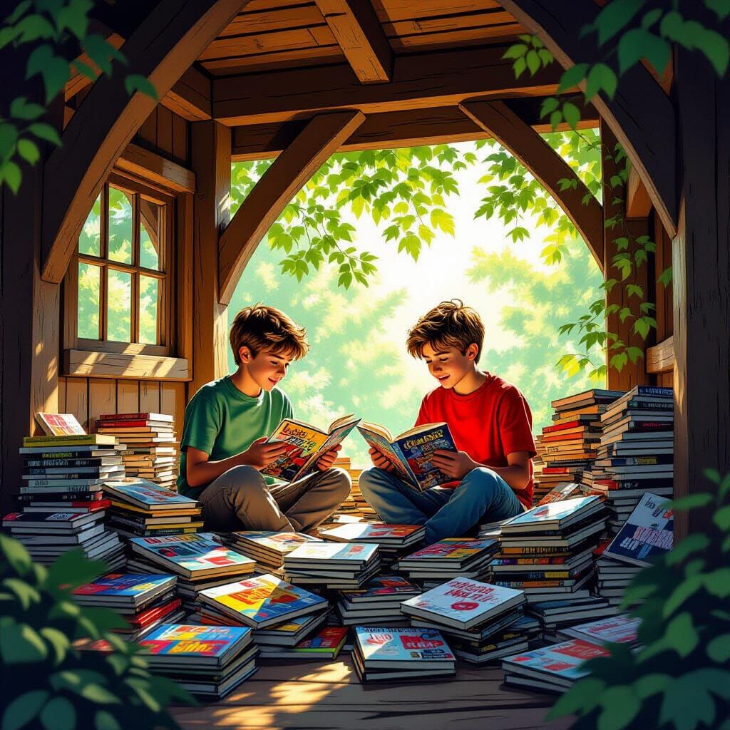 Boys Reading Comics in Cozy Treehouse