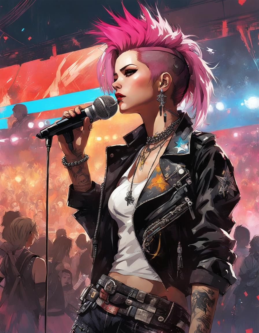 Punk Rockstar Girl on Stage: Manga Style Illustration
