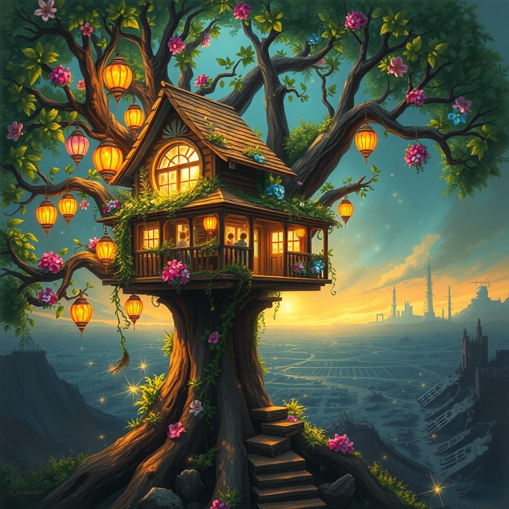 Whimsical Treehouse Amidst a Barren Landscape in Vibrant, Ex...